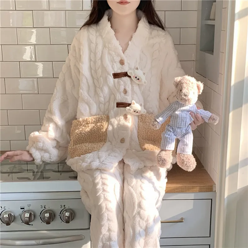 New Autumn Winter Pajamas Women Jacquard Fleece Thickened Cute Cartoon V-Neck Cardigan Flannel Loungewear Set · Wholesale · OEM · Worldwide Shipping - View 1