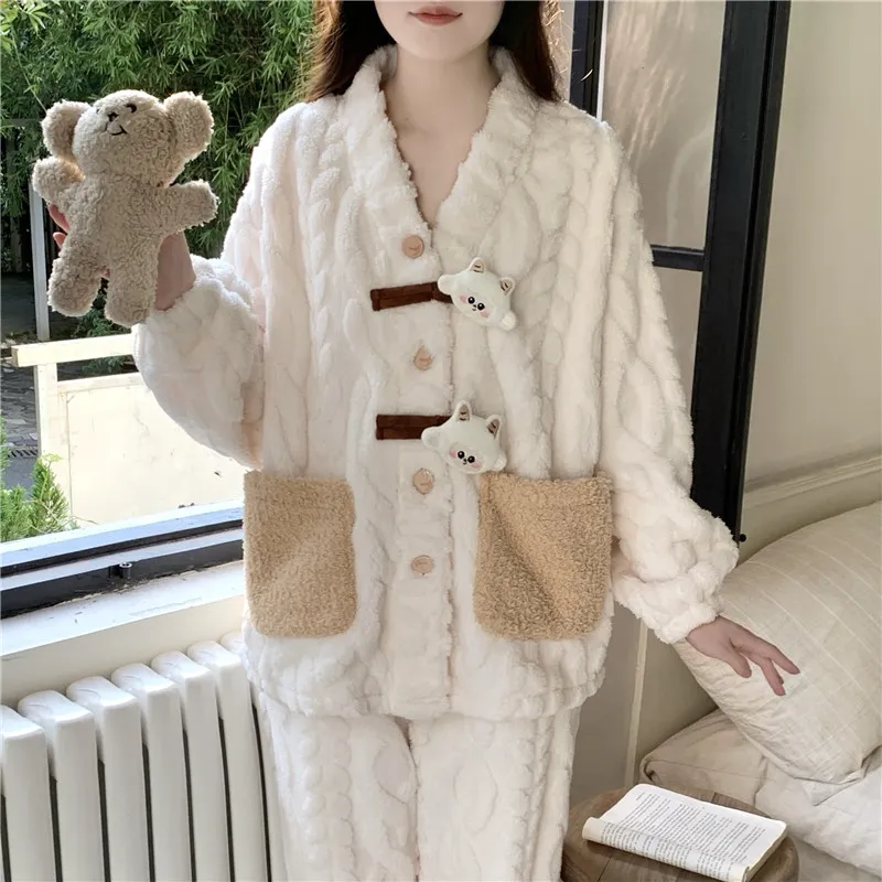 New Autumn Winter Pajamas Women Jacquard Fleece Thickened Cute Cartoon V-Neck Cardigan Flannel Loungewear Set · Wholesale · OEM · Worldwide Shipping - View 3
