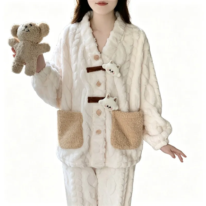 New Autumn Winter Pajamas Women Jacquard Fleece Thickened Cute Cartoon V-Neck Cardigan Flannel Loungewear Set · Wholesale · OEM · Worldwide Shipping - View 4