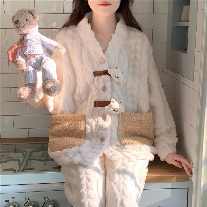 New Autumn Winter Pajamas Women Jacquard Fleece Thickened Cute Cartoon V-Neck Cardigan Flannel Loungewear Set · Wholesale · OEM · Worldwide Shipping - View 2