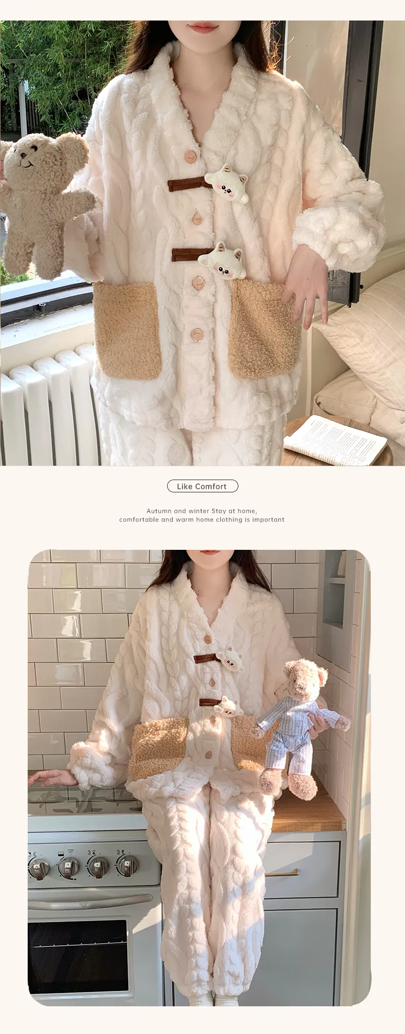 New Autumn Winter Pajamas Women Jacquard Fleece Thickened Cute Cartoon V-Neck Cardigan Flannel Loungewear Set · Wholesale · OEM · Worldwide Shipping - Detail 3