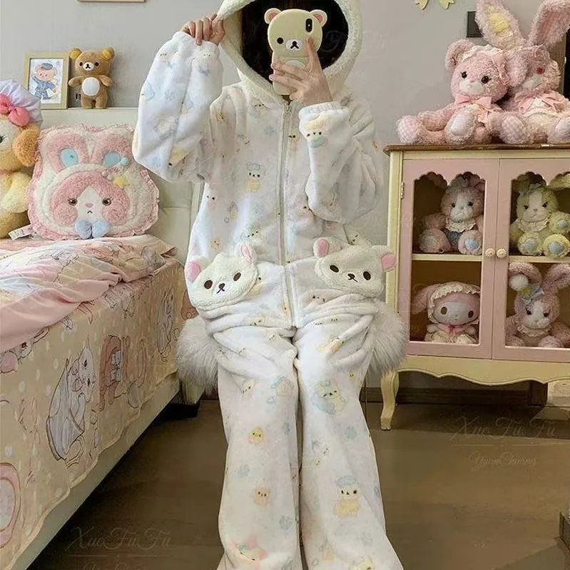 가을겨울 잠옷 여성용 귀여운 카툰 플란넬 보온 두꺼운 소녀 학생 지퍼 벨벳 홈웨어 세트 · 도매 · OEM · 전 세계 배송 - Detail 3