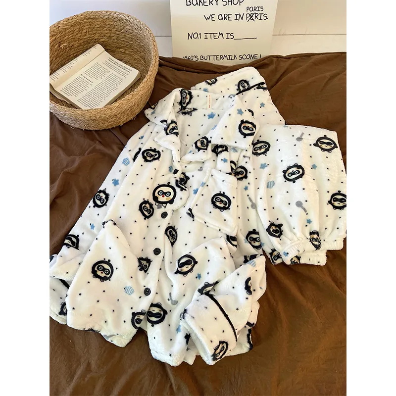 280g Autumn Winter Cute Cartoon Women's Flannel Warm Pajamas Thickened Cardigan Lapel Loungewear Set · Wholesale · OEM · Worldwide Shipping - Detail 14