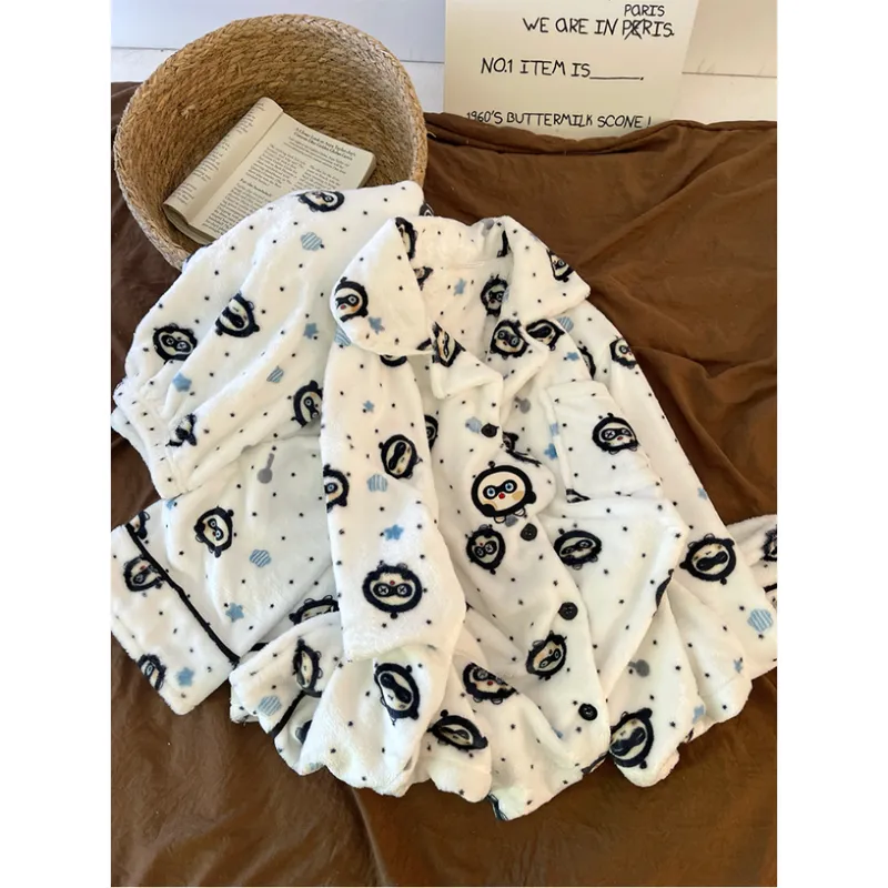 280g Autumn Winter Cute Cartoon Women's Flannel Warm Pajamas Thickened Cardigan Lapel Loungewear Set · Wholesale · OEM · Worldwide Shipping - View 1