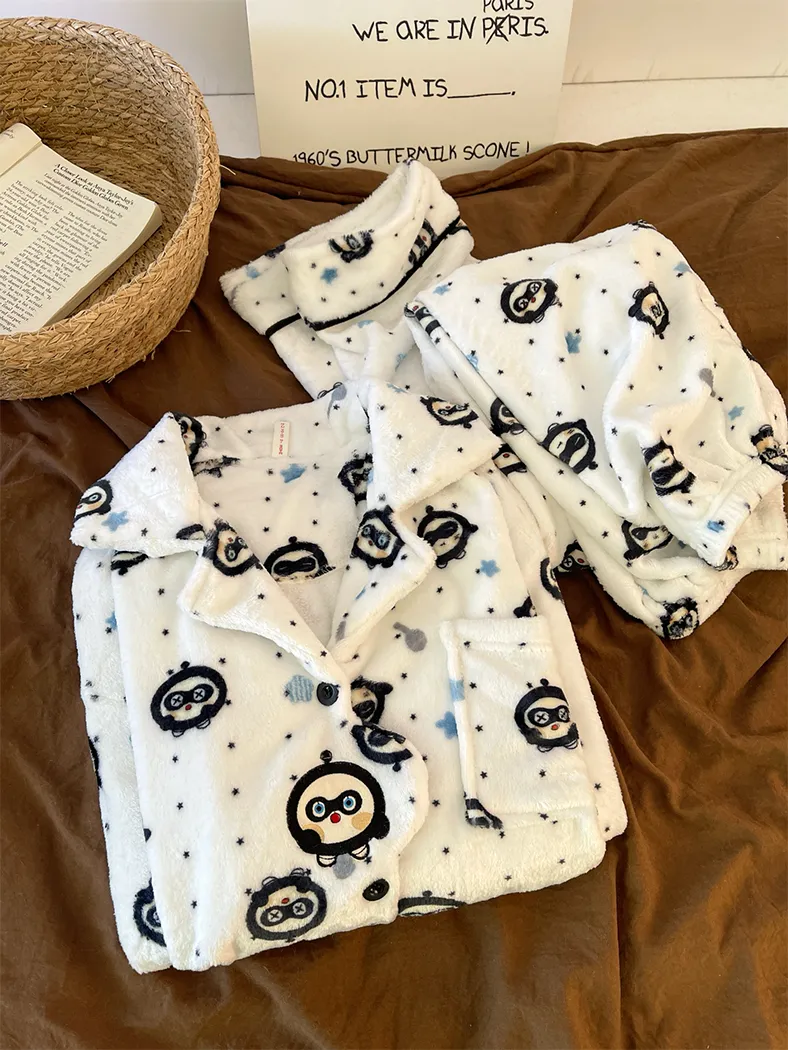 280g Autumn Winter Cute Cartoon Women's Flannel Warm Pajamas Thickened Cardigan Lapel Loungewear Set · Wholesale · OEM · Worldwide Shipping - Detail 4