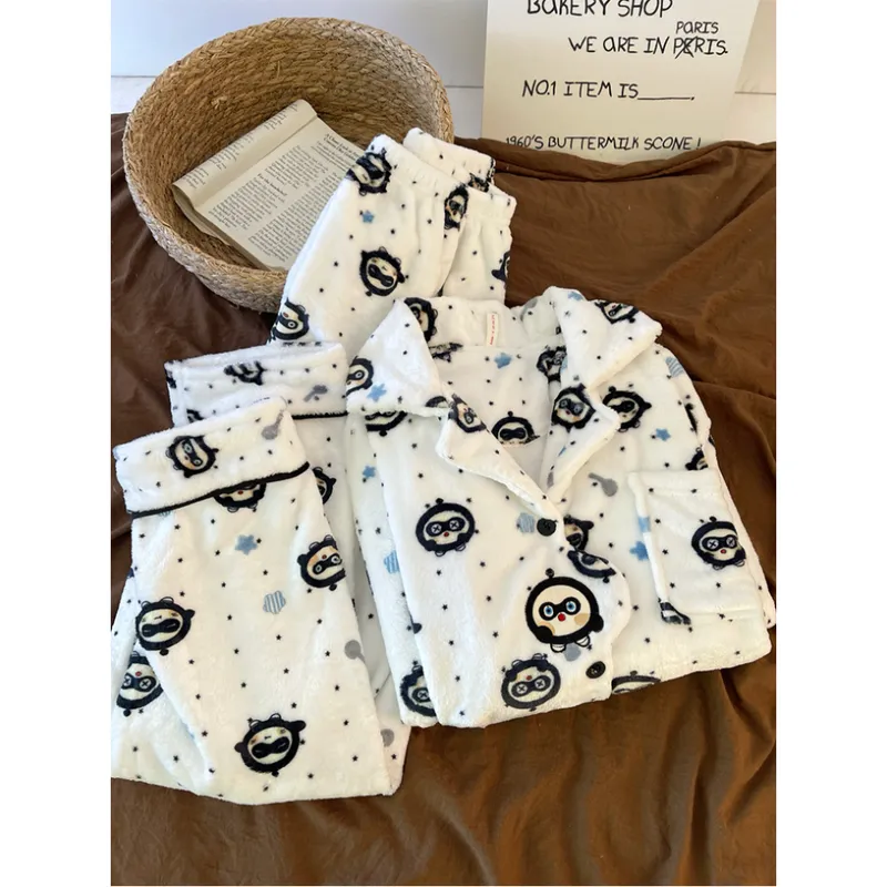 280g Autumn Winter Cute Cartoon Women's Flannel Warm Pajamas Thickened Cardigan Lapel Loungewear Set · Wholesale · OEM · Worldwide Shipping - View 3