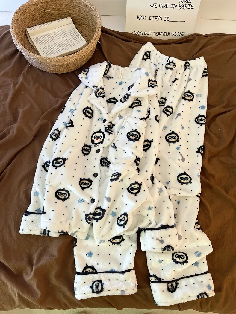 280g Autumn Winter Cute Cartoon Women's Flannel Warm Pajamas Thickened Cardigan Lapel Loungewear Set · Wholesale · OEM · Worldwide Shipping - Detail 3