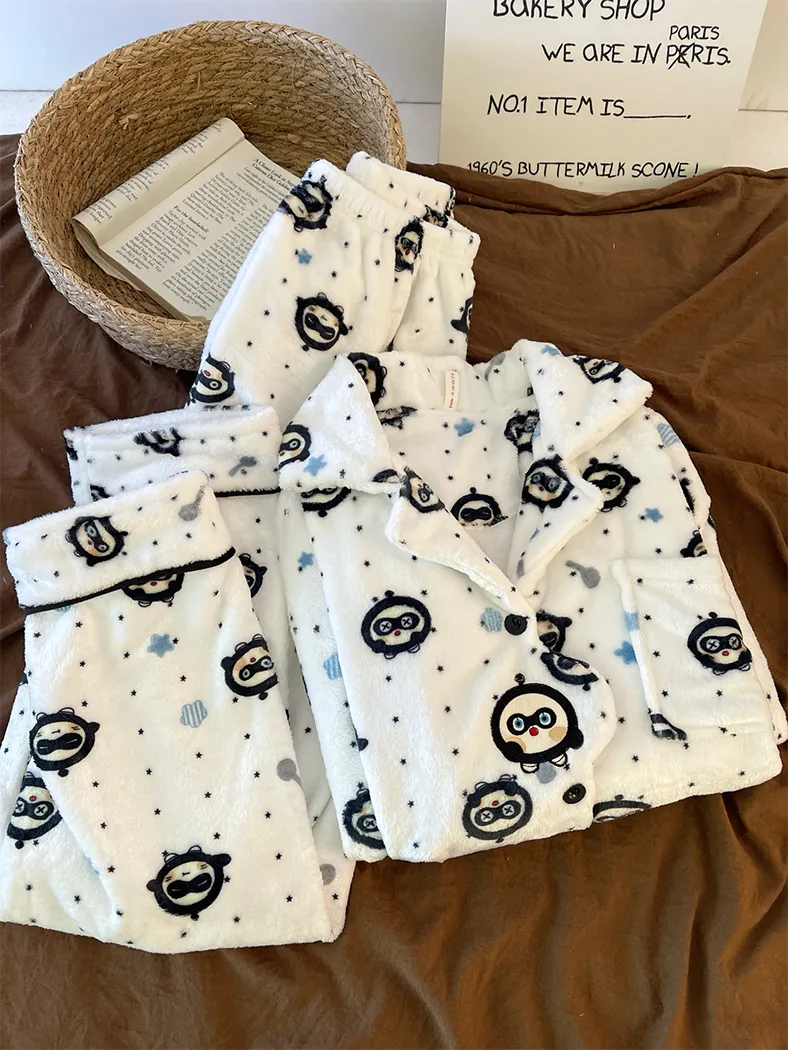 280g Autumn Winter Cute Cartoon Women's Flannel Warm Pajamas Thickened Cardigan Lapel Loungewear Set · Wholesale · OEM · Worldwide Shipping - Detail 5