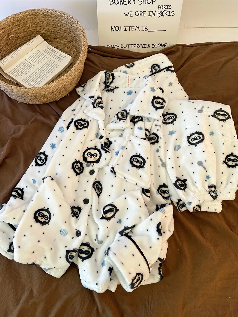 280g Autumn Winter Cute Cartoon Women's Flannel Warm Pajamas Thickened Cardigan Lapel Loungewear Set · Wholesale · OEM · Worldwide Shipping - Detail 7