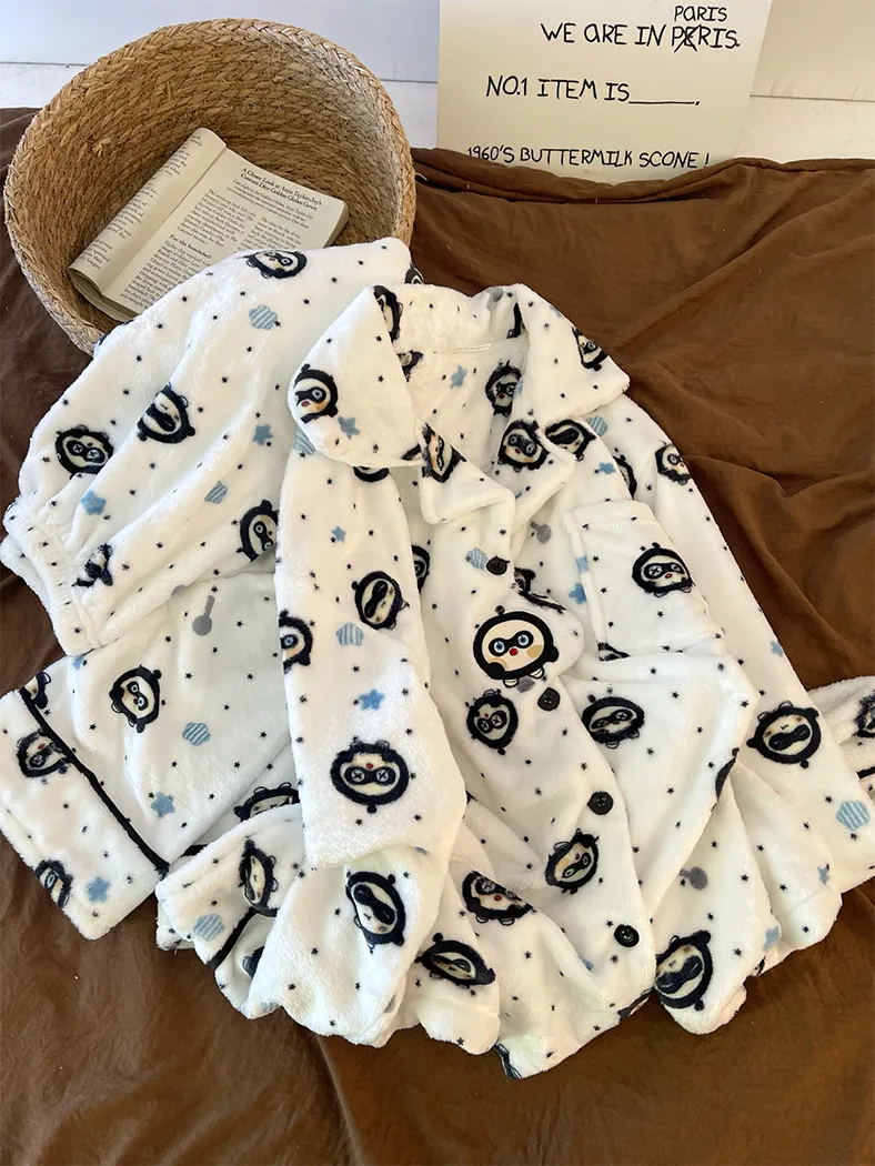 280g Autumn Winter Cute Cartoon Women's Flannel Warm Pajamas Thickened Cardigan Lapel Loungewear Set · Wholesale · OEM · Worldwide Shipping - Detail 2