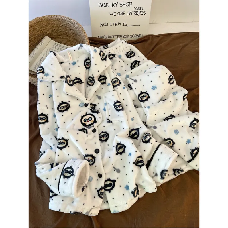 280g Autumn Winter Cute Cartoon Women's Flannel Warm Pajamas Thickened Cardigan Lapel Loungewear Set · Wholesale · OEM · Worldwide Shipping - View 4