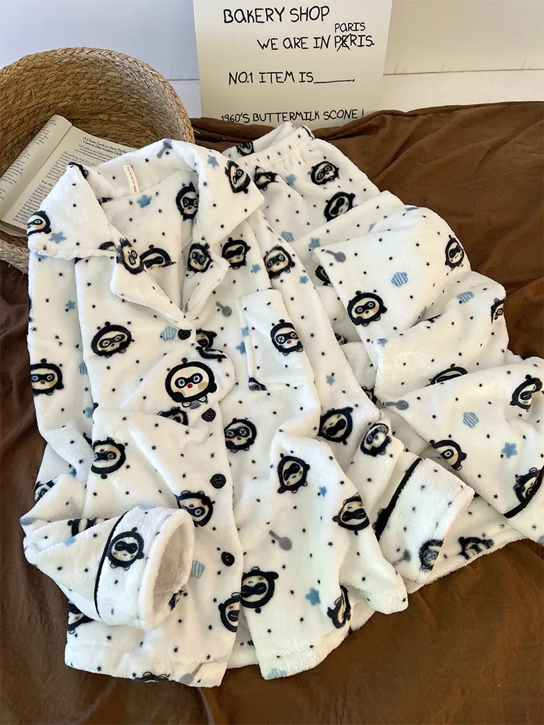 280g Autumn Winter Cute Cartoon Women's Flannel Warm Pajamas Thickened Cardigan Lapel Loungewear Set · Wholesale · OEM · Worldwide Shipping - Detail 6