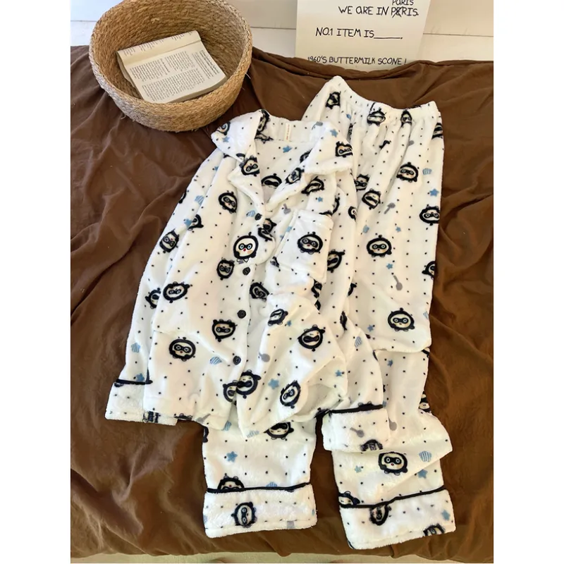 280g Autumn Winter Cute Cartoon Women's Flannel Warm Pajamas Thickened Cardigan Lapel Loungewear Set · Wholesale · OEM · Worldwide Shipping - View 2