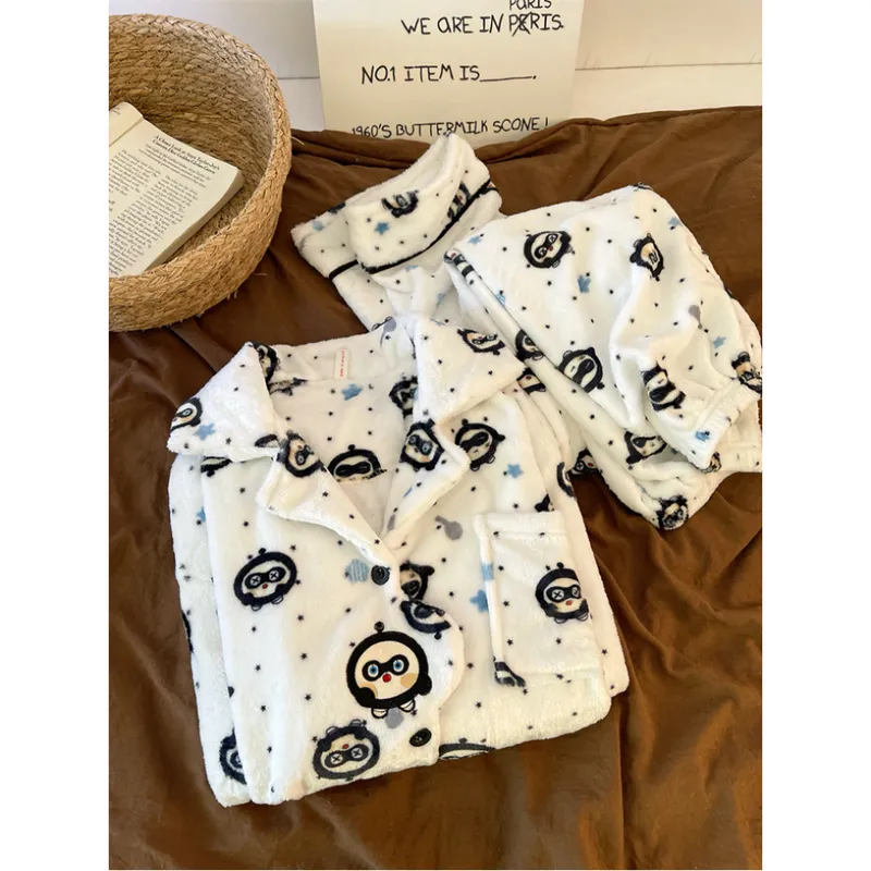 280g Autumn Winter Cute Cartoon Women's Flannel Warm Pajamas Thickened Cardigan Lapel Loungewear Set · Wholesale · OEM · Worldwide Shipping