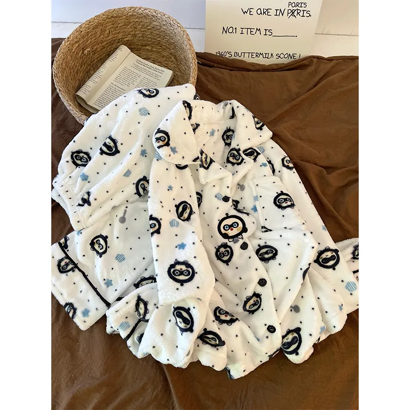 280g Autumn Winter Cute Cartoon Women's Flannel Warm Pajamas Thickened Cardigan Lapel Loungewear Set · Wholesale · OEM · Worldwide Shipping - Detail 9