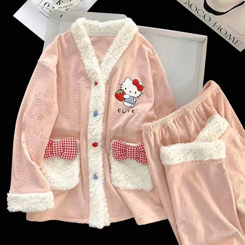 Women's Extra Thick 300g Island Fleece Pajama Set, Winter Cardigan with V-Neck and Long Sleeves, Warm Wearable-Outside Loungewear · Wholesale · OEM · Worldwide Shipping