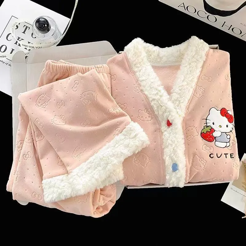 Women's Extra Thick 300g Island Fleece Pajama Set, Winter Cardigan with V-Neck and Long Sleeves, Warm Wearable-Outside Loungewear · Wholesale · OEM · Worldwide Shipping - View 2