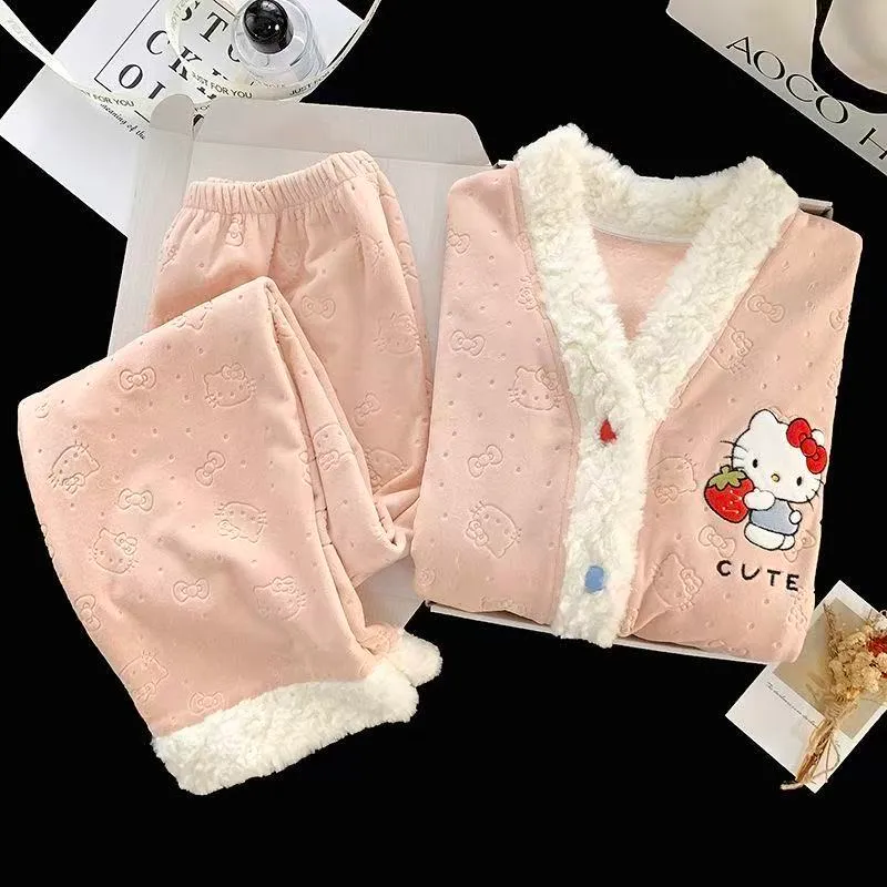 Women's Extra Thick 300g Island Fleece Pajama Set, Winter Cardigan with V-Neck and Long Sleeves, Warm Wearable-Outside Loungewear · Wholesale · OEM · Worldwide Shipping - Detail 1