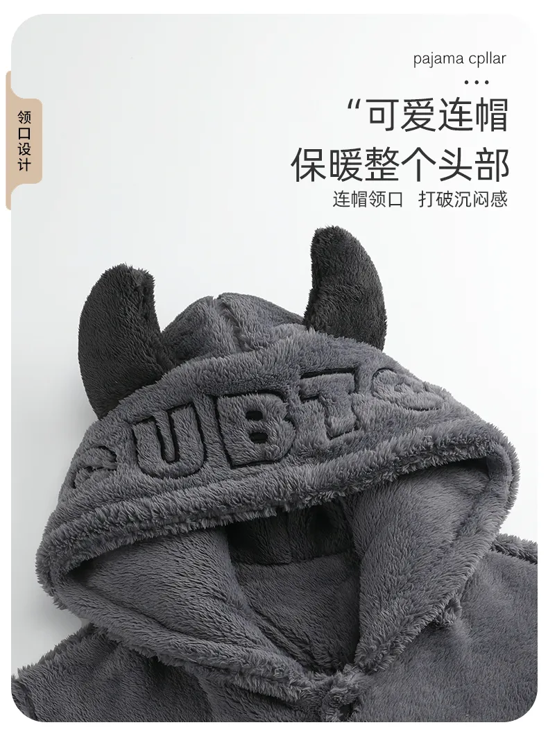 신상품 가을겨울 남성용 나이트가운 기모 안감 두꺼운 후드 루즈핏 플란넬 홈웨어 세트 투피스 · 도매 · OEM · 전 세계 배송 - Detail 6