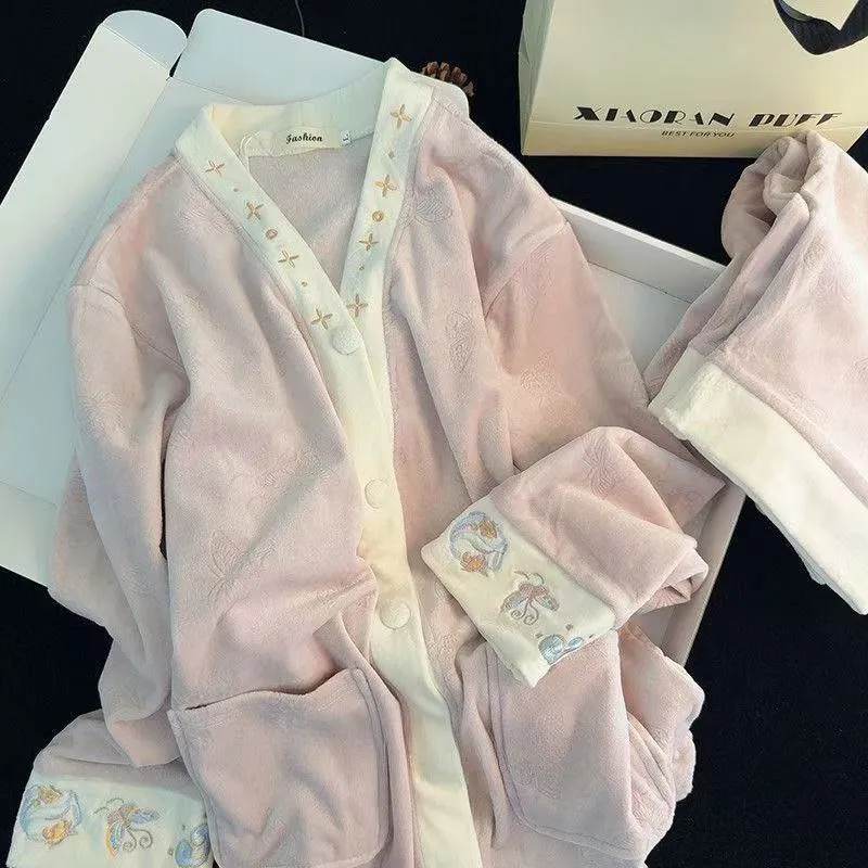 Women's Extra Thick 300g Island Fleece Pajama Set, Winter Cardigan with V-Neck and Long Sleeves, Warm Wearable-Outside Loungewear · Wholesale · OEM · Worldwide Shipping
