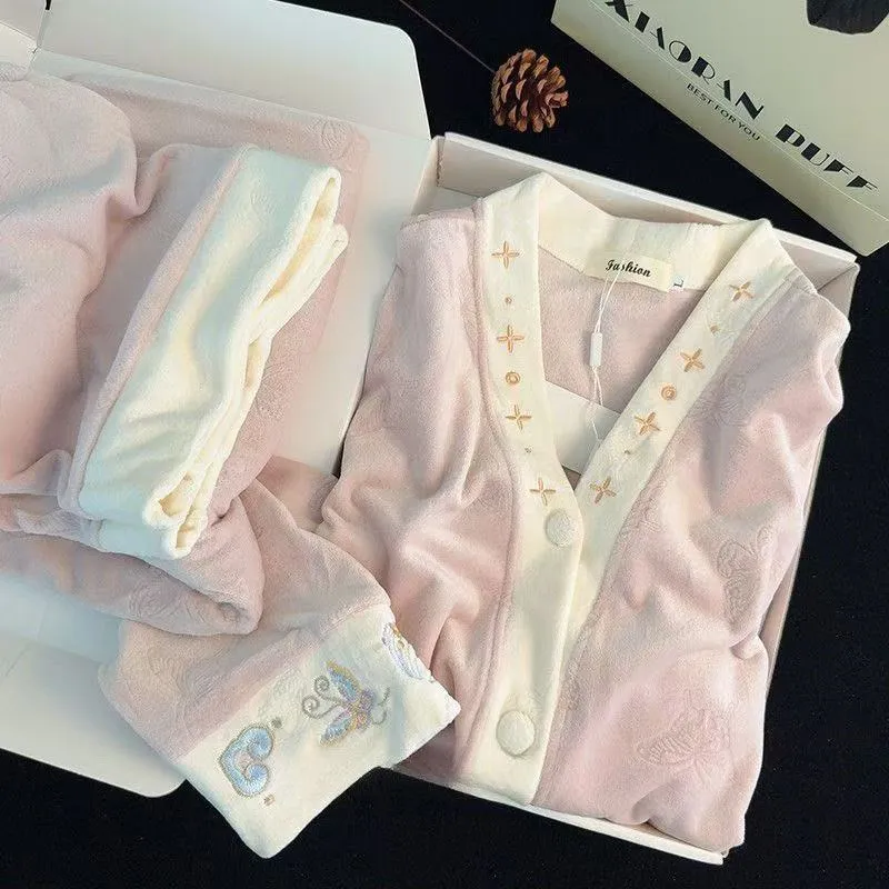 Women's Extra Thick 300g Island Fleece Pajama Set, Winter Cardigan with V-Neck and Long Sleeves, Warm Wearable-Outside Loungewear · Wholesale · OEM · Worldwide Shipping - View 1
