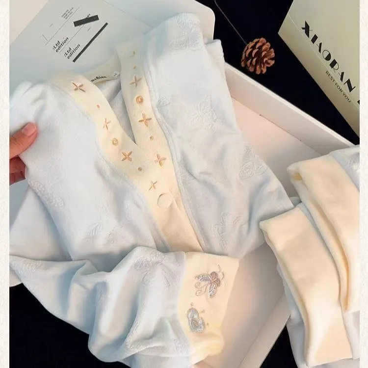 Women's Extra Thick 300g Island Fleece Pajama Set, Winter Cardigan with V-Neck and Long Sleeves, Warm Wearable-Outside Loungewear · Wholesale · OEM · Worldwide Shipping - Detail 2