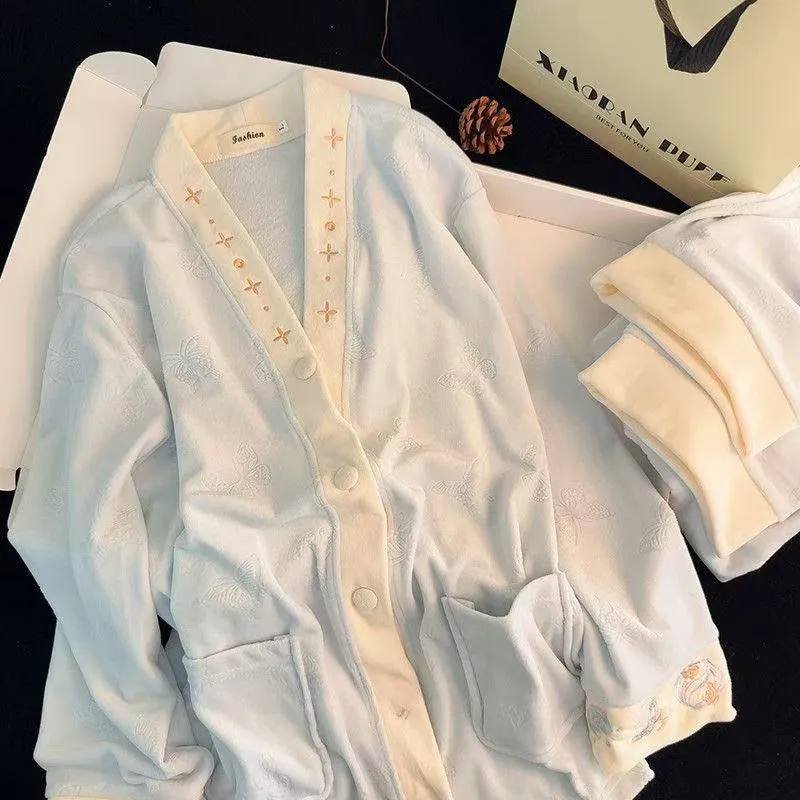 Women's Extra Thick 300g Island Fleece Pajama Set, Winter Cardigan with V-Neck and Long Sleeves, Warm Wearable-Outside Loungewear · Wholesale · OEM · Worldwide Shipping