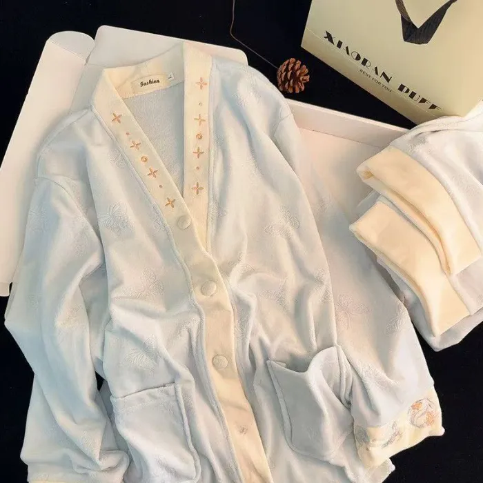 Women's Extra Thick 300g Island Fleece Pajama Set, Winter Cardigan with V-Neck and Long Sleeves, Warm Wearable-Outside Loungewear · Wholesale · OEM · Worldwide Shipping - Detail 1