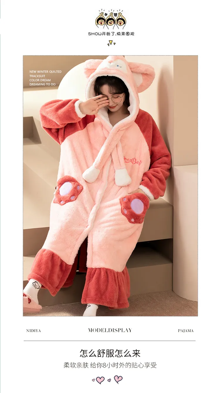 Women's Pajamas Winter Long Fleece Cardigan Hooded Long Nightgown Loose Plus Size Up to 100kg Wearable Loungewear M--XL · Wholesale · OEM · Worldwide Shipping - Detail 5