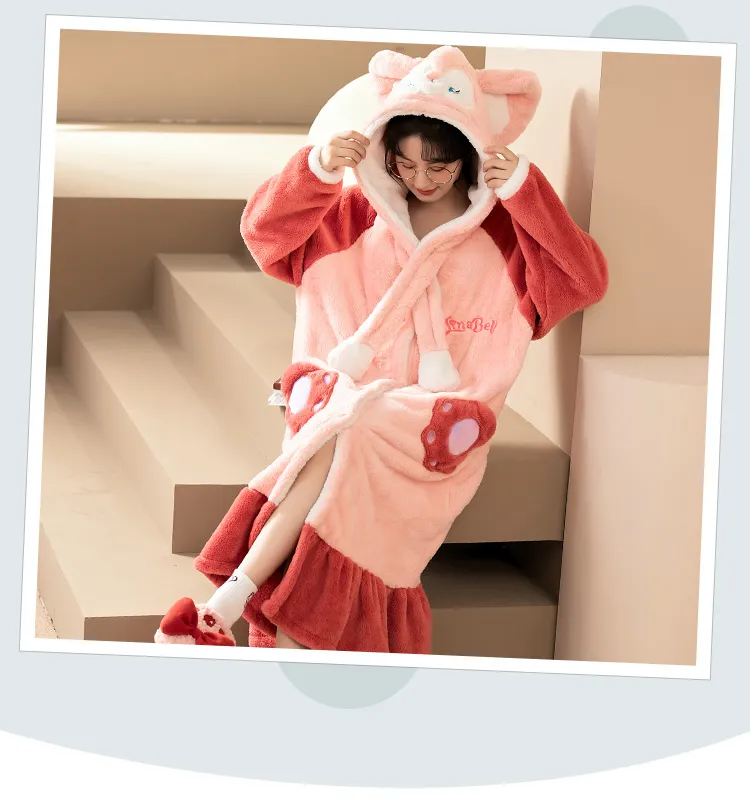 Women's Pajamas Winter Long Fleece Cardigan Hooded Long Nightgown Loose Plus Size Up to 100kg Wearable Loungewear M--XL · Wholesale · OEM · Worldwide Shipping - Detail 9