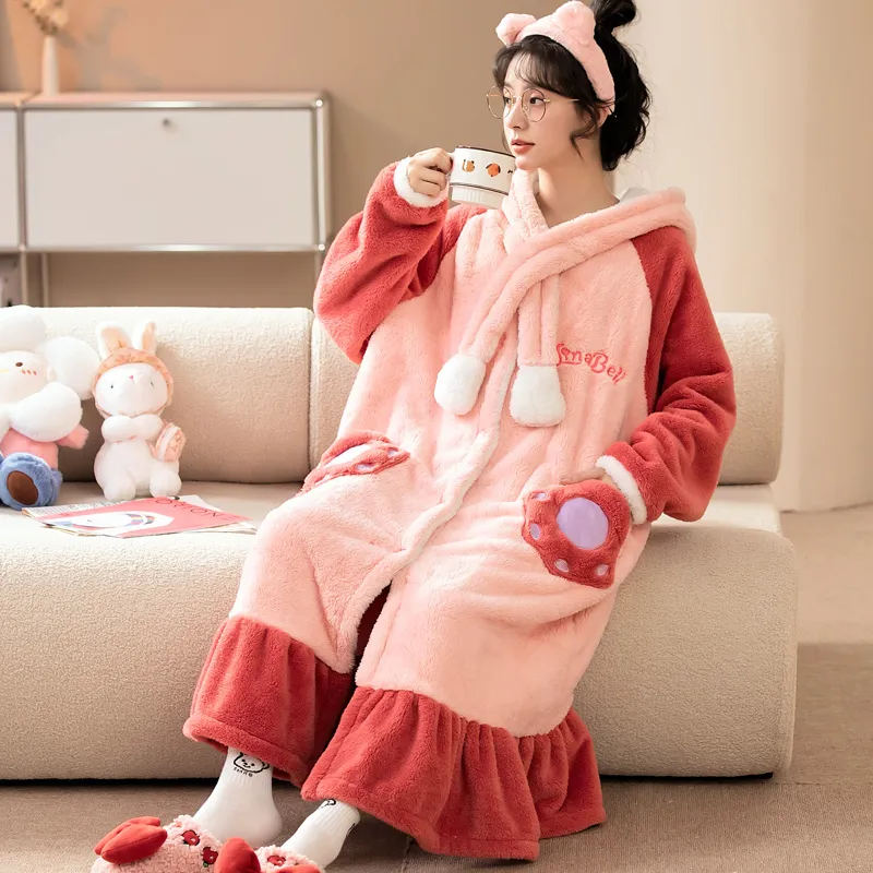 Women's Pajamas Winter Long Fleece Cardigan Hooded Long Nightgown Loose Plus Size Up to 100kg Wearable Loungewear M--XL · Wholesale · OEM · Worldwide Shipping - View 3