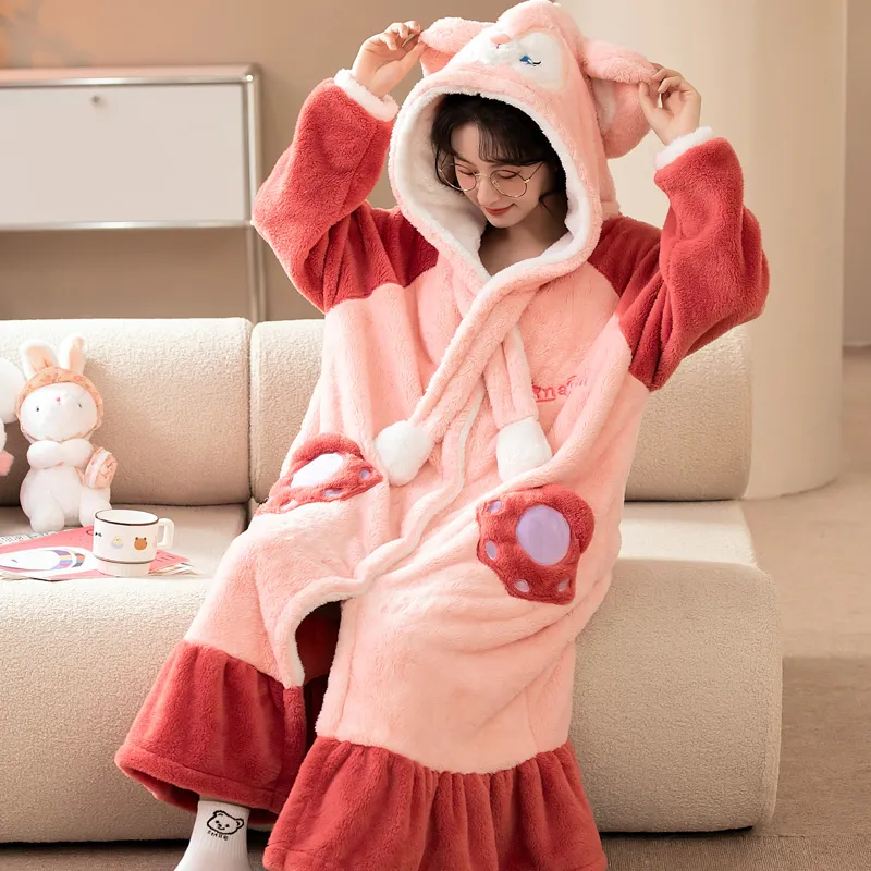 Women's Pajamas Winter Long Fleece Cardigan Hooded Long Nightgown Loose Plus Size Up to 100kg Wearable Loungewear M--XL · Wholesale · OEM · Worldwide Shipping