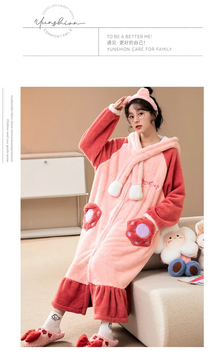 Women's Pajamas Winter Long Fleece Cardigan Hooded Long Nightgown Loose Plus Size Up to 100kg Wearable Loungewear M--XL · Wholesale · OEM · Worldwide Shipping - Detail 10