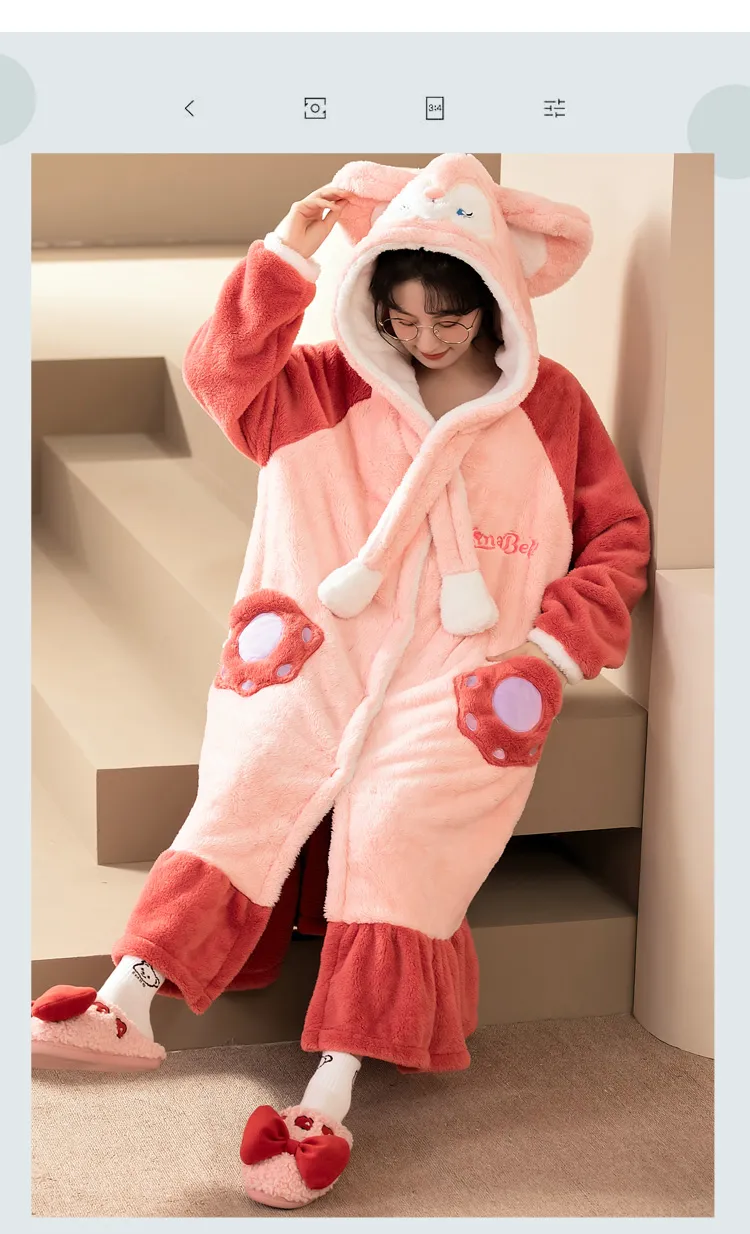 Women's Pajamas Winter Long Fleece Cardigan Hooded Long Nightgown Loose Plus Size Up to 100kg Wearable Loungewear M--XL · Wholesale · OEM · Worldwide Shipping - Detail 7