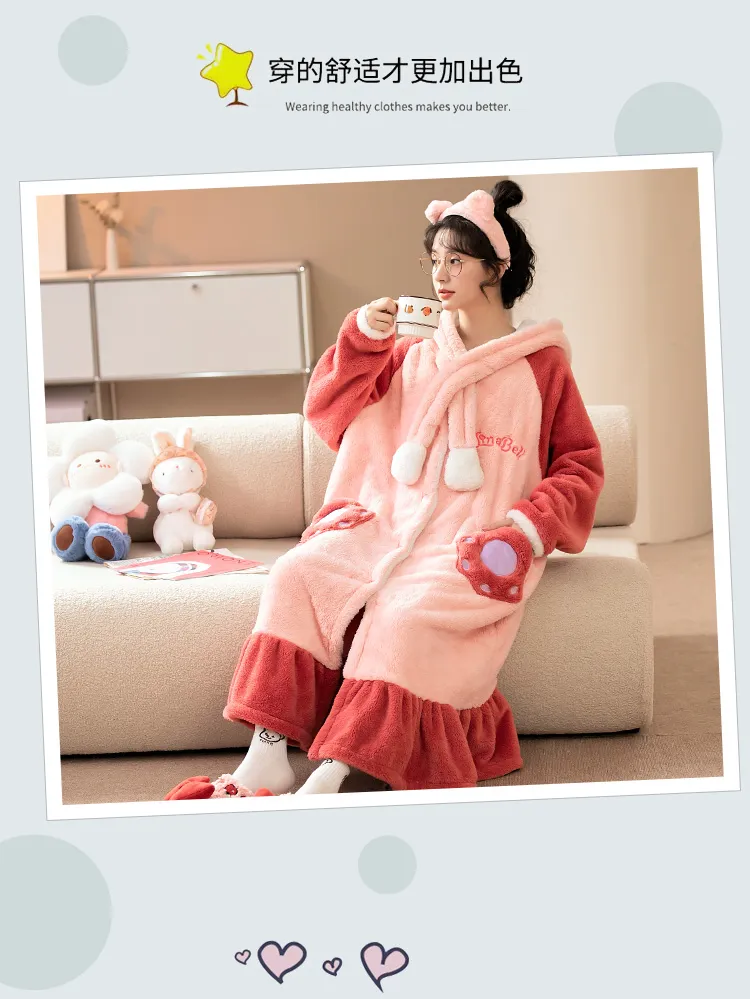 Women's Pajamas Winter Long Fleece Cardigan Hooded Long Nightgown Loose Plus Size Up to 100kg Wearable Loungewear M--XL · Wholesale · OEM · Worldwide Shipping - Detail 8