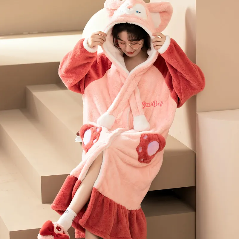 Women's Pajamas Winter Long Fleece Cardigan Hooded Long Nightgown Loose Plus Size Up to 100kg Wearable Loungewear M--XL · Wholesale · OEM · Worldwide Shipping - View 1