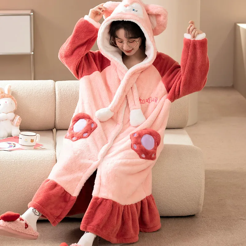 Women's Pajamas Winter Long Fleece Cardigan Hooded Long Nightgown Loose Plus Size Up to 100kg Wearable Loungewear M--XL · Wholesale · OEM · Worldwide Shipping - View 2