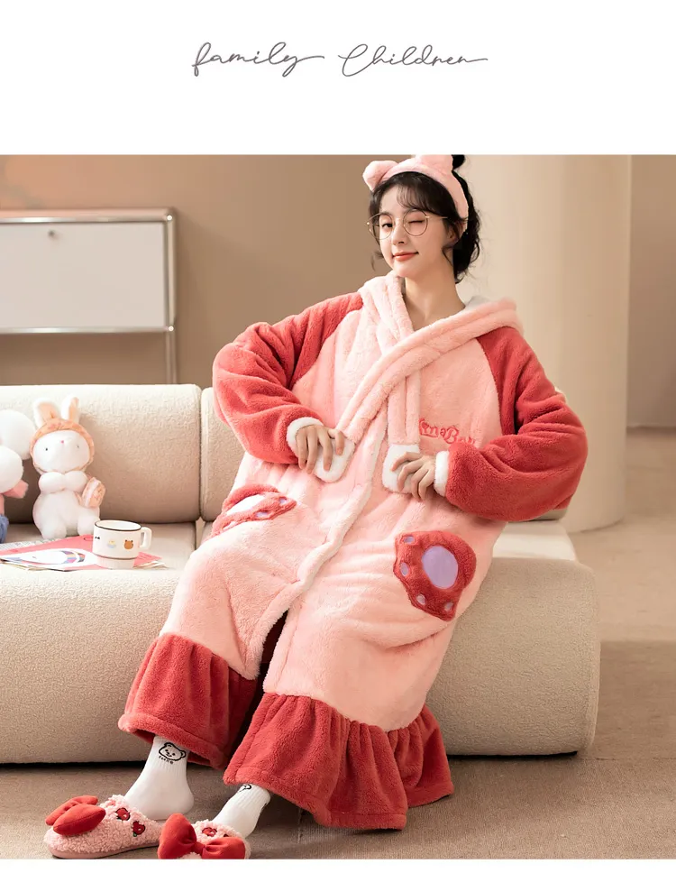 Women's Pajamas Winter Long Fleece Cardigan Hooded Long Nightgown Loose Plus Size Up to 100kg Wearable Loungewear M--XL · Wholesale · OEM · Worldwide Shipping - Detail 11