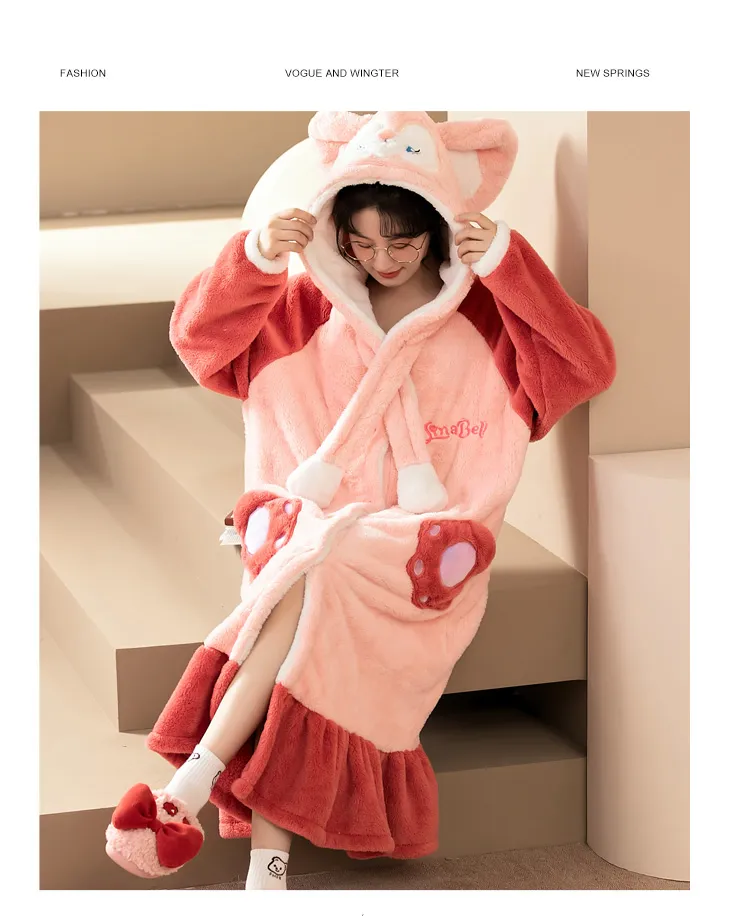 Women's Pajamas Winter Long Fleece Cardigan Hooded Long Nightgown Loose Plus Size Up to 100kg Wearable Loungewear M--XL · Wholesale · OEM · Worldwide Shipping - Detail 12