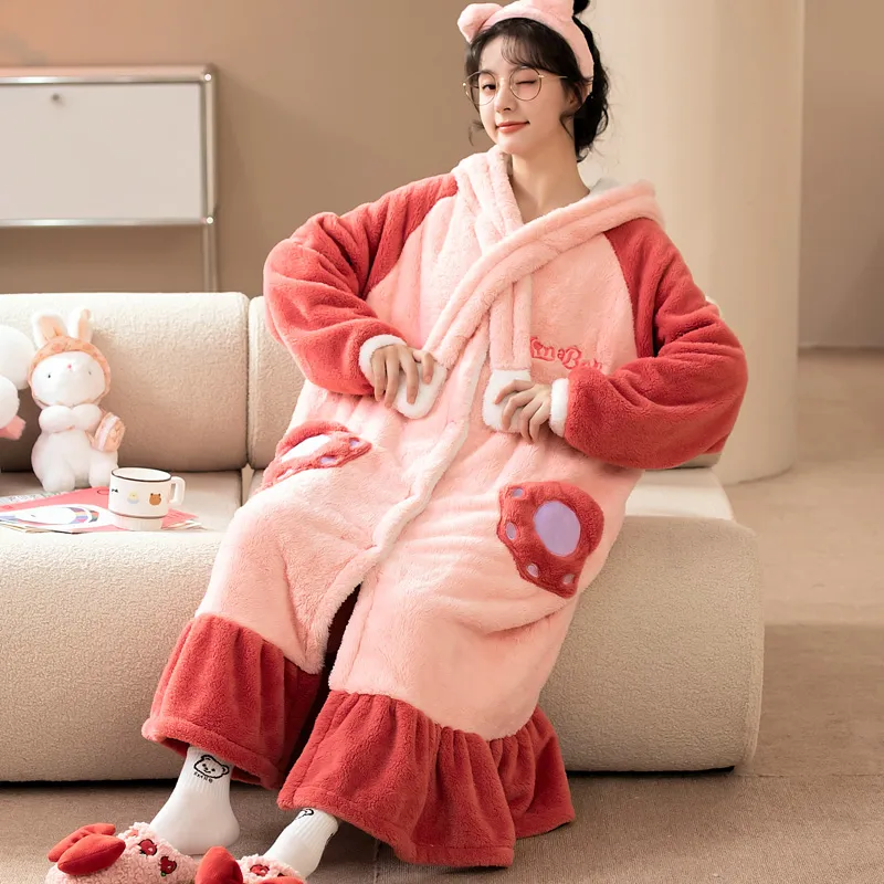 Women's Pajamas Winter Long Fleece Cardigan Hooded Long Nightgown Loose Plus Size Up to 100kg Wearable Loungewear M--XL · Wholesale · OEM · Worldwide Shipping - View 4
