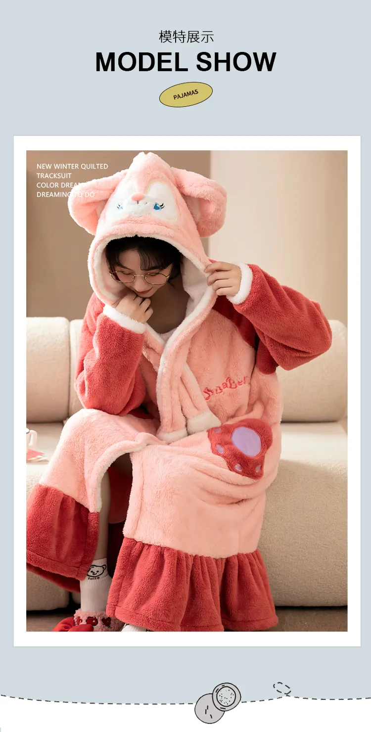 Women's Pajamas Winter Long Fleece Cardigan Hooded Long Nightgown Loose Plus Size Up to 100kg Wearable Loungewear M--XL · Wholesale · OEM · Worldwide Shipping - Detail 4