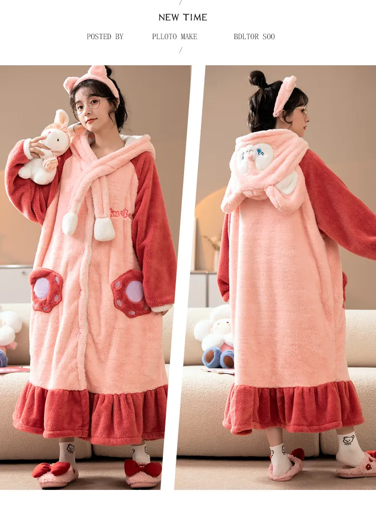 Women's Pajamas Winter Long Fleece Cardigan Hooded Long Nightgown Loose Plus Size Up to 100kg Wearable Loungewear M--XL · Wholesale · OEM · Worldwide Shipping - Detail 13