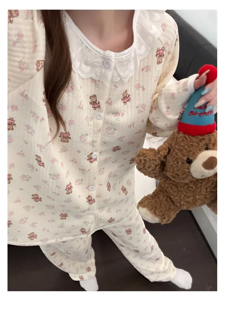 بيجامة نسائية جديدة بتصميم طبقات هوائية حلوة، أكمام طويلة وبنطال طويل، بياقة دائرية وحواف دانتيل، ملابس منزلية للخريف والشتاء · بيع بالجملة · تصنيع حسب الطلب · شحن عالمي - Detail 15