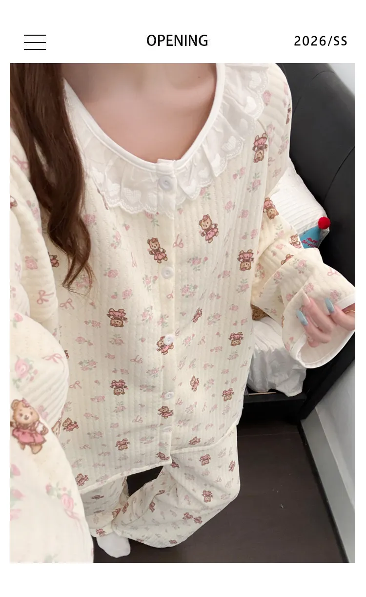 بيجامة نسائية جديدة بتصميم طبقات هوائية حلوة، أكمام طويلة وبنطال طويل، بياقة دائرية وحواف دانتيل، ملابس منزلية للخريف والشتاء · بيع بالجملة · تصنيع حسب الطلب · شحن عالمي - Detail 9