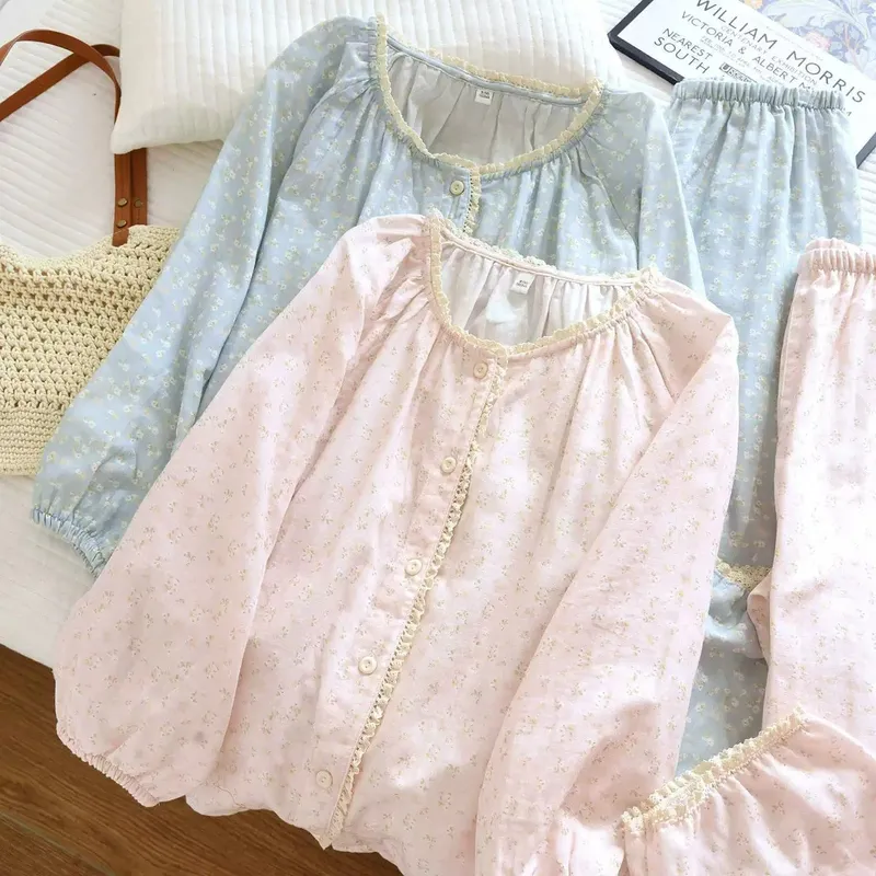 Cloud-Like Cotton Lace Pajamas for Women Korean Sweet Style Lace Floral Pajamas Women Spring Autumn Loungewear Set · Wholesale · OEM · Worldwide Shipping - View 1