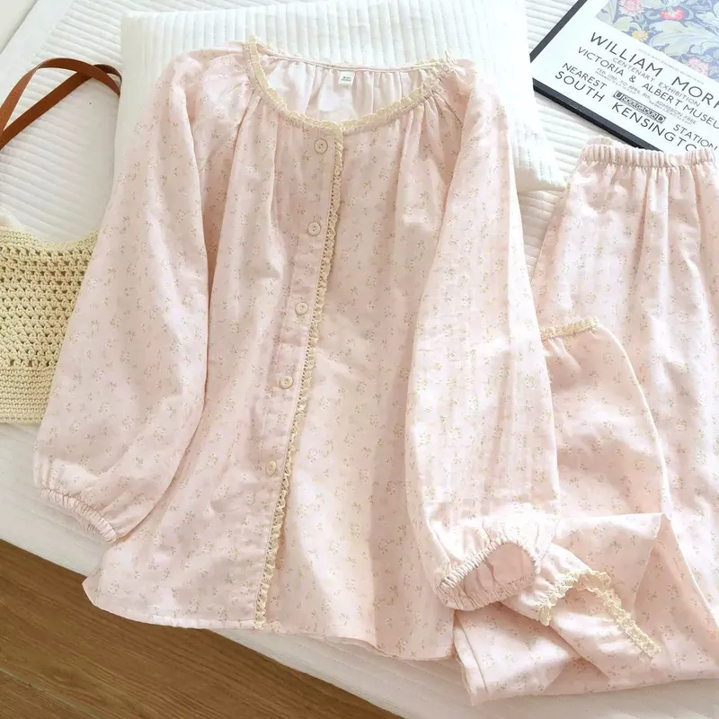 Cloud-Like Cotton Lace Pajamas for Women Korean Sweet Style Lace Floral Pajamas Women Spring Autumn Loungewear Set · Wholesale · OEM · Worldwide Shipping