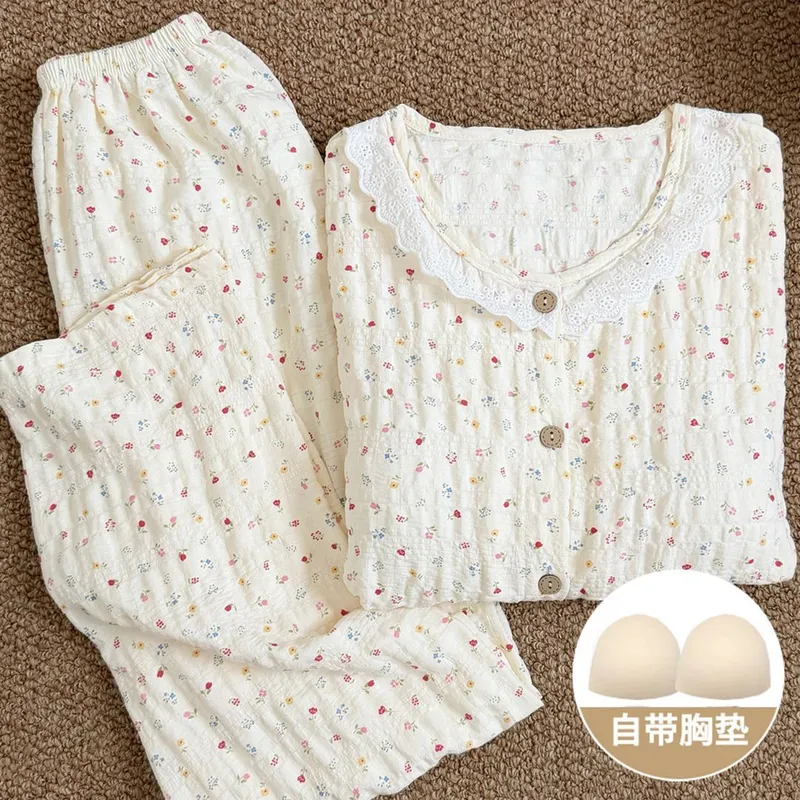 New Padded Bust Lace Trim Pajamas for Women Wannian Plaid Long Sleeve Long Pants Pajamas for Women Wearable Outside Loungewear · Wholesale · OEM · Worldwide Shipping