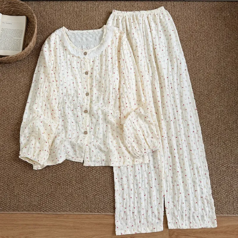 New Padded Bust Lace Trim Pajamas for Women Wannian Plaid Long Sleeve Long Pants Pajamas for Women Wearable Outside Loungewear · Wholesale · OEM · Worldwide Shipping - View 4