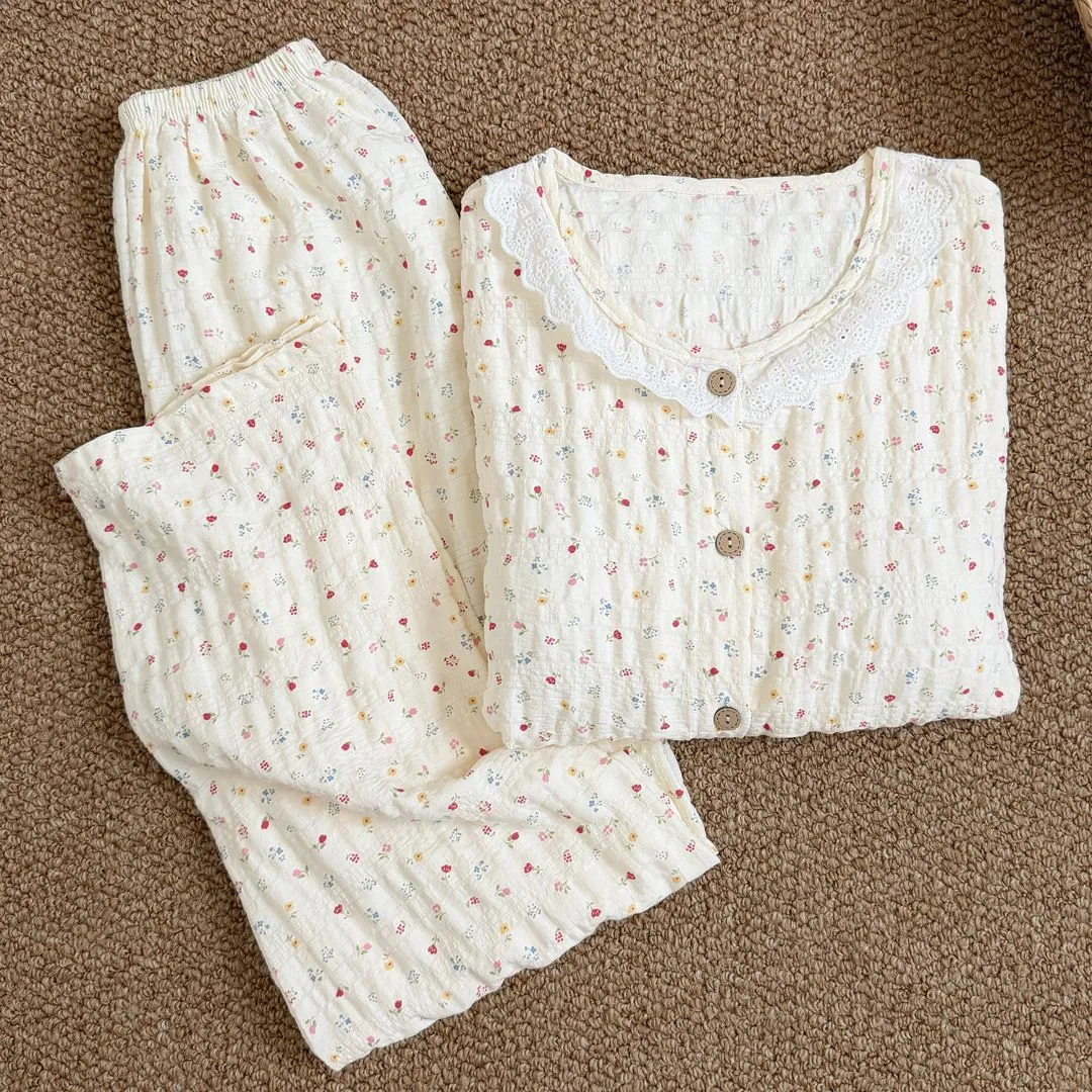 New Padded Bust Lace Trim Pajamas for Women Wannian Plaid Long Sleeve Long Pants Pajamas for Women Wearable Outside Loungewear · Wholesale · OEM · Worldwide Shipping - Detail 10