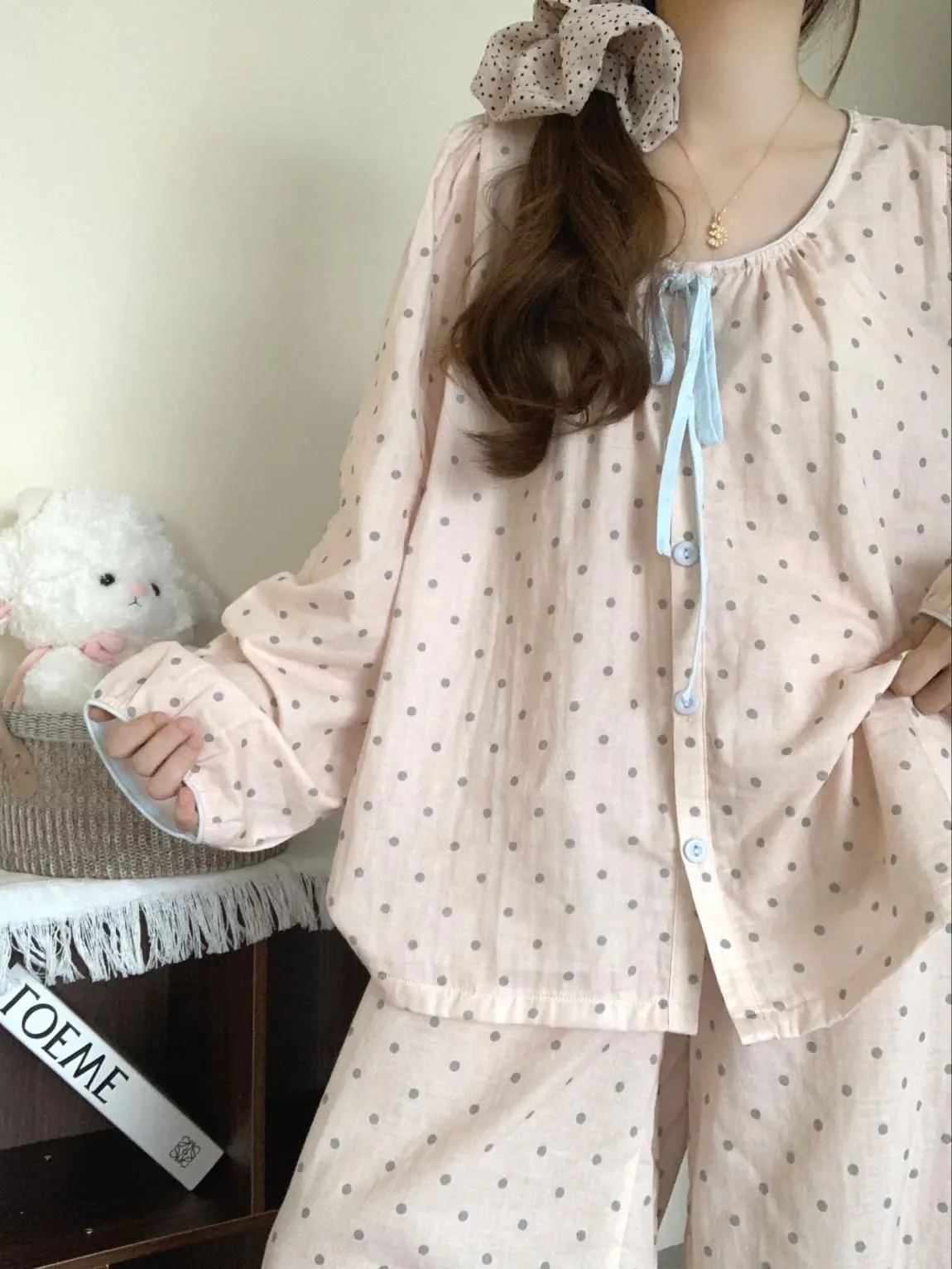 Nouveauté printemps-automne ensemble pyjama femme coton nuage motif pois col rond doux portable comme tenue d'intérieur · Grossiste · OEM · Mondial - Detail 7